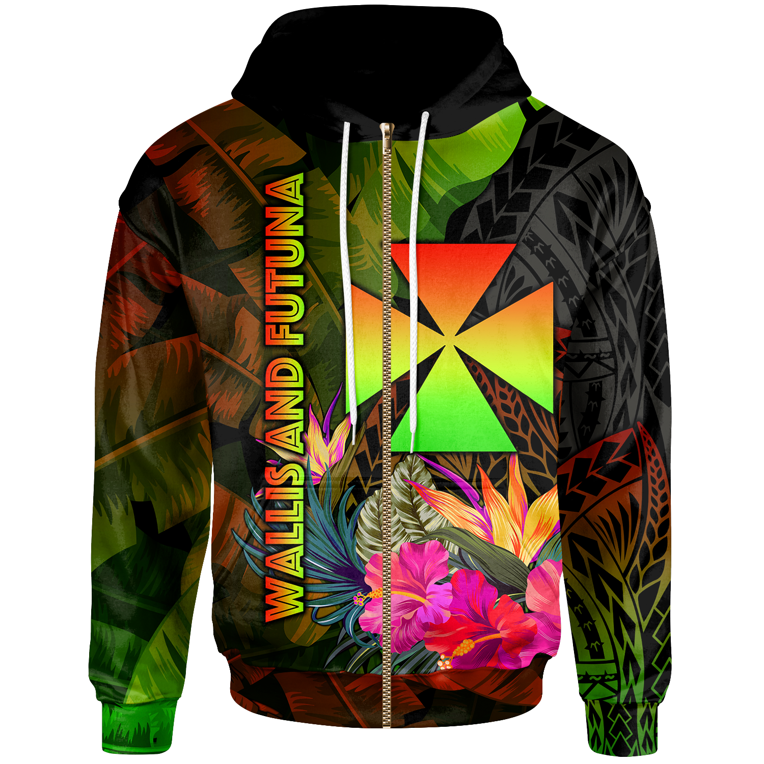 Wallis and Futuna Polynesian Zip up Hoodie Hibiscus and Banana Leaves Unisex Reggae - Polynesian Pride
