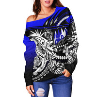 Yap Women's Off Shoulder Sweaters - Tribal Jungle Pattern Blue Color - Polynesian Pride