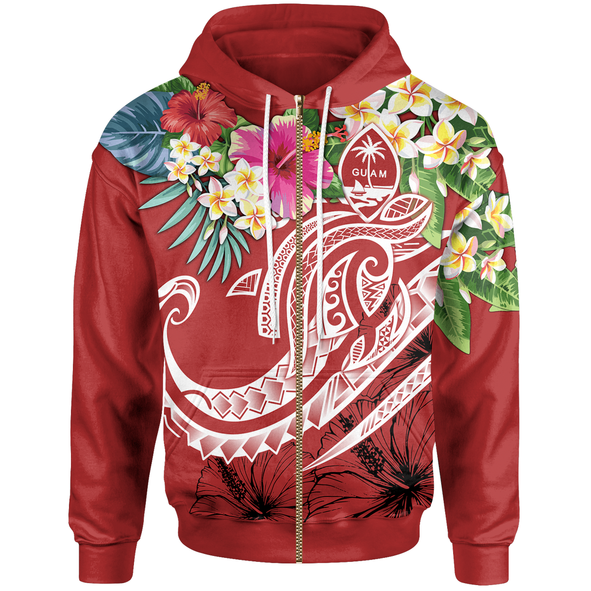 Guam Polynesian Zip up Hoodie Summer Plumeria (Black) Unisex Red - Polynesian Pride