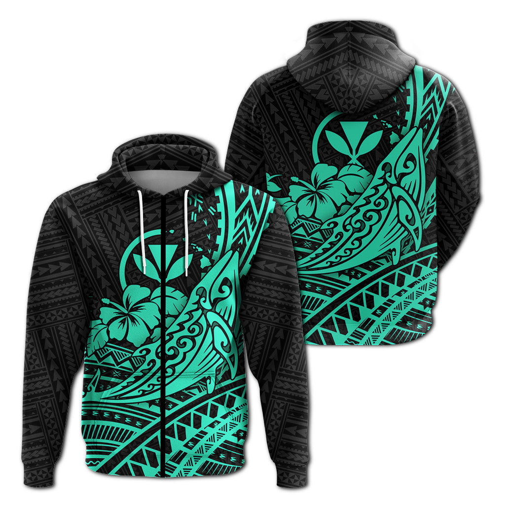 Hawaii Humpback Whale With Hibiscus Tribal Turquoise Zip Hoodie LT12 Unisex Blue - Polynesian Pride