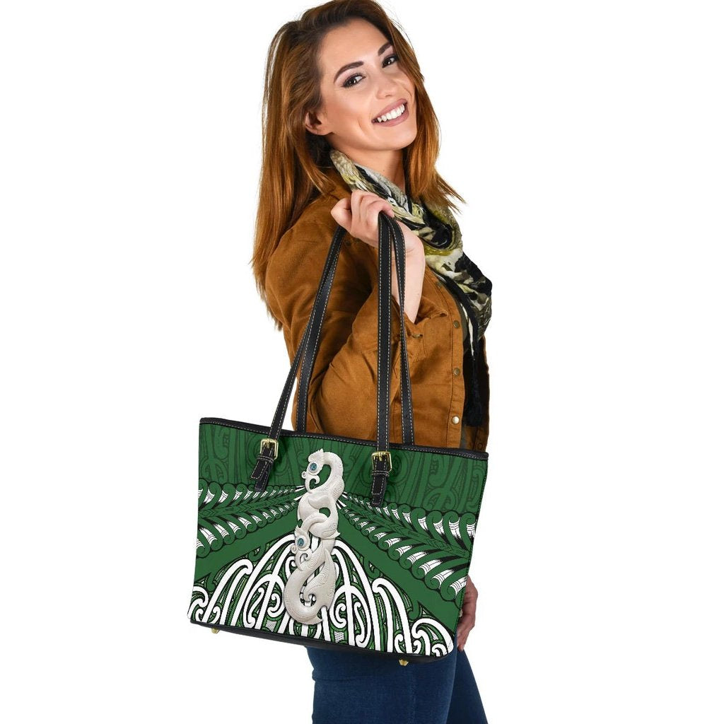 Maori Moko Tattoo Small Leather Tote, Manaia Pounamu Green - Polynesian Pride