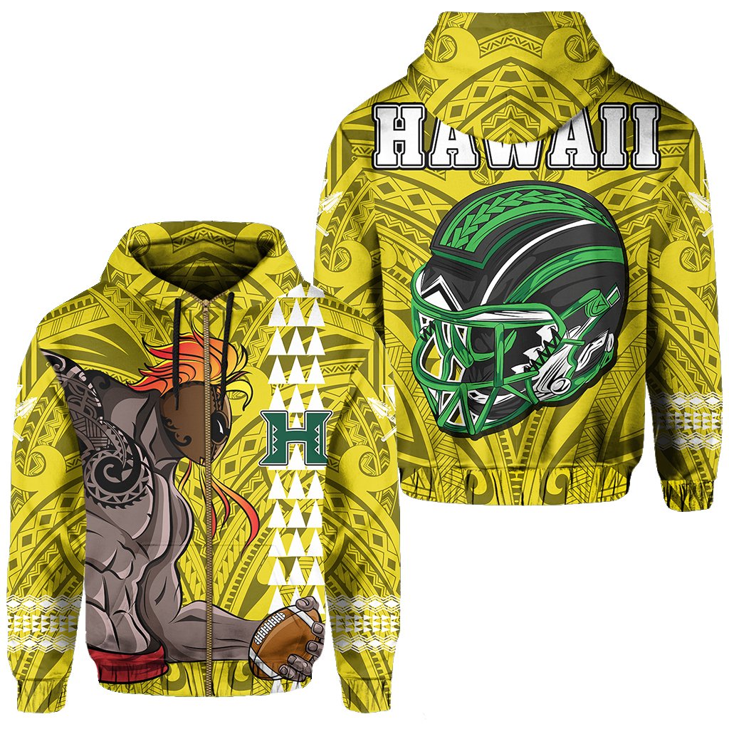 Polynesian Warrior Helmet Football Kanaka Kakau Hawaii Zip Hoodie Yellow Unisex Yellow - Polynesian Pride