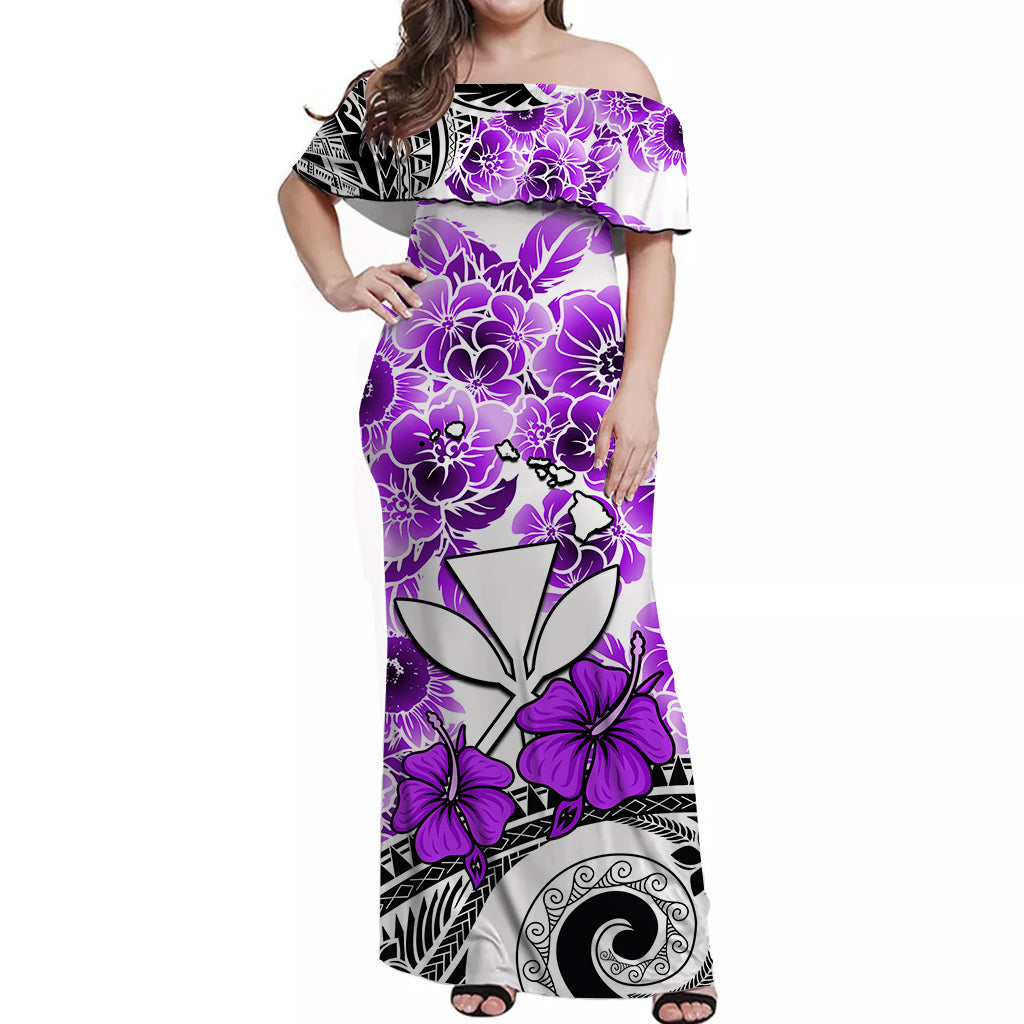 Hawaii Off Shoulder Long Dress Polynesian and Purple Hibiscus LT13 Women Purple - Polynesian Pride