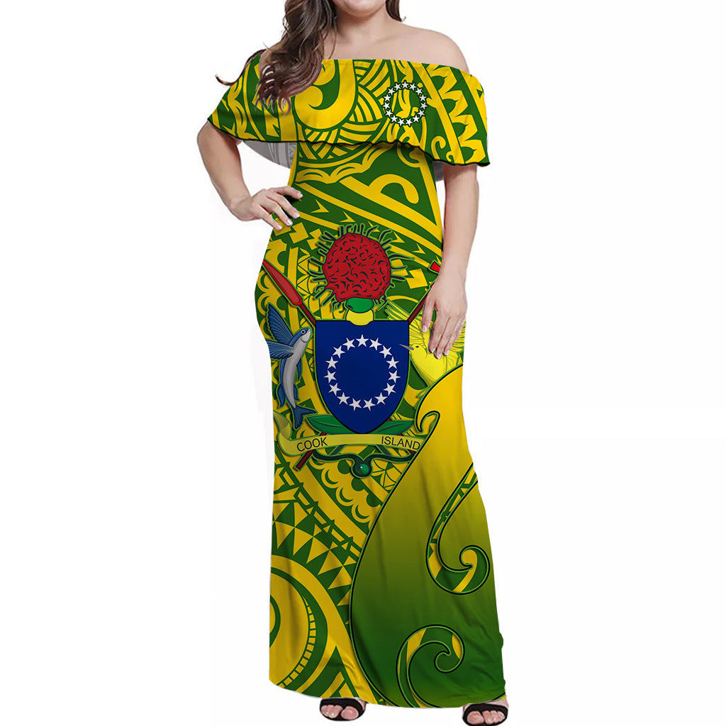 Cook Islands Off Shoulder Long Dress Matau Polynesian Simple Green Fish Hook LT13 Long Dress Green - Polynesian Pride