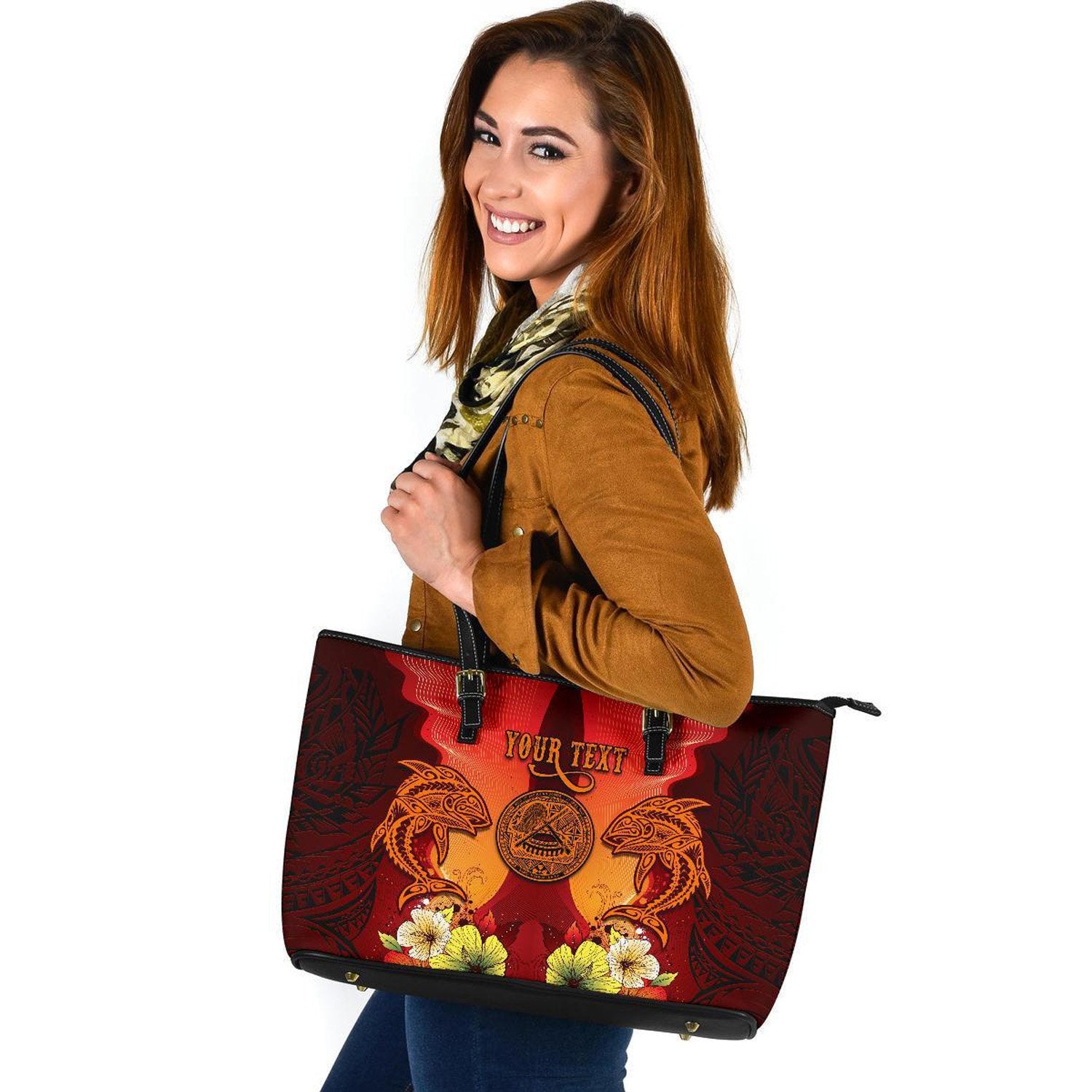 American Samoa Custom Personalised Large Leather Tote - Tribal Tuna Fish Orange - Polynesian Pride