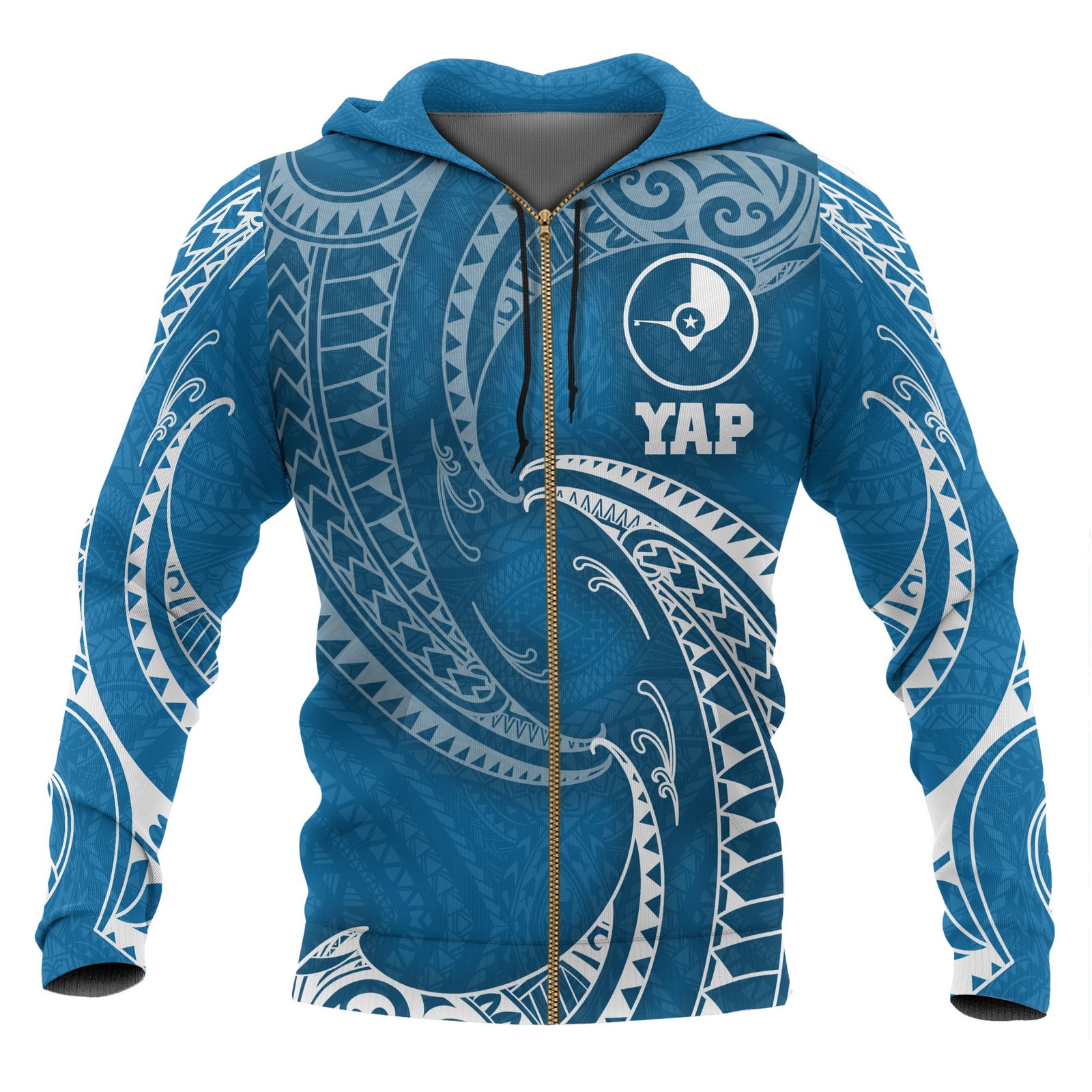 Yap Micronesia All Over Zip up Hoodie Blue Tribal Wave Unisex Blue - Polynesian Pride