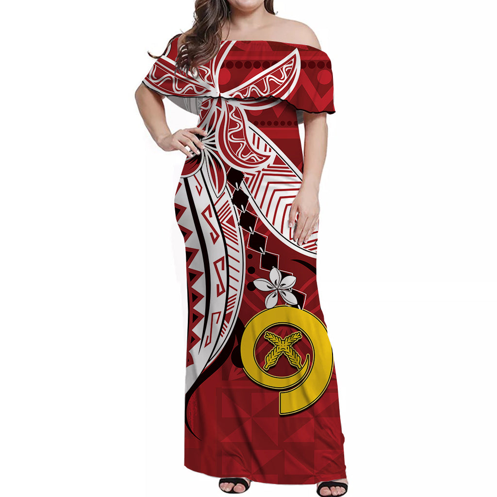 Vanuatu Color Off Shoulder Long Dress Pig Tusk Polynesian Red LT13 Long Dress Red - Polynesian Pride