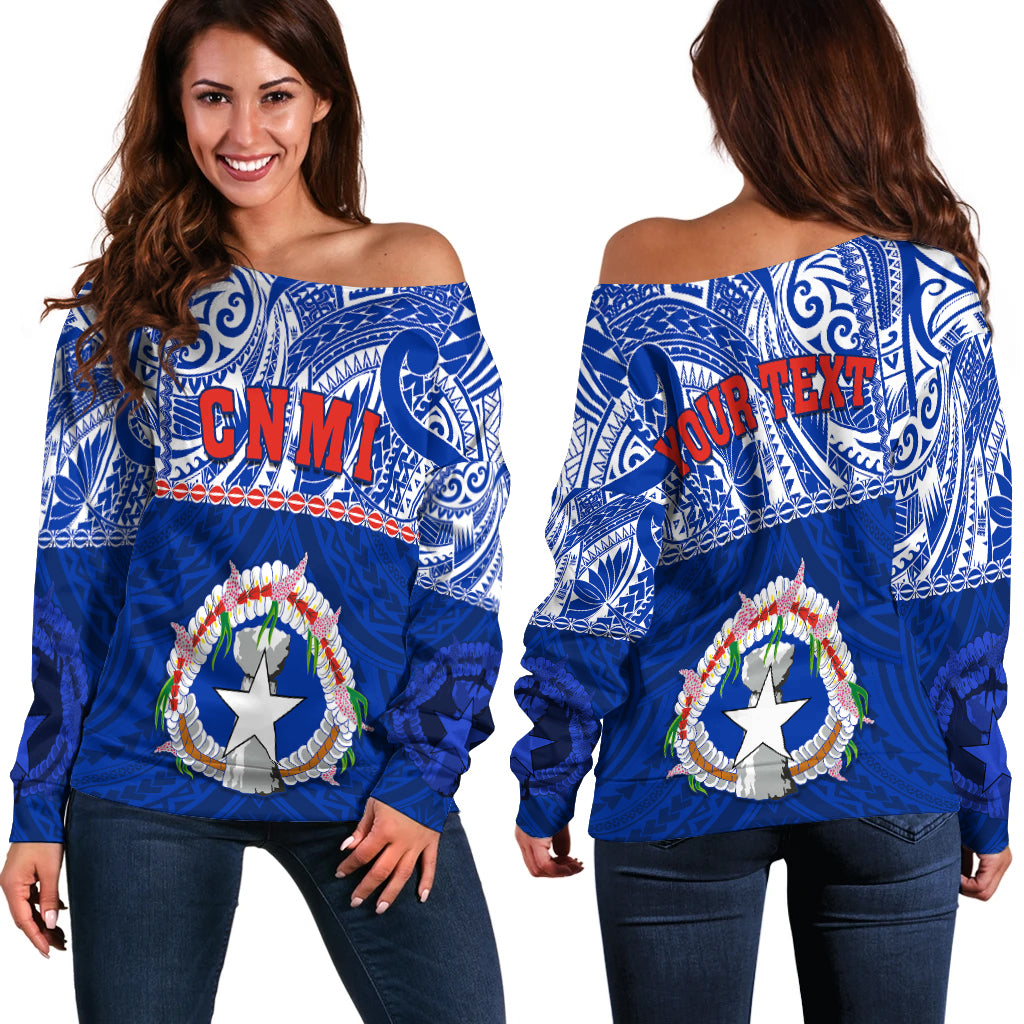 Northern Mariana Islands Off Shoulder Sweater - Polynesian CNMI Coat of Arms LT13 Blue - Polynesian Pride