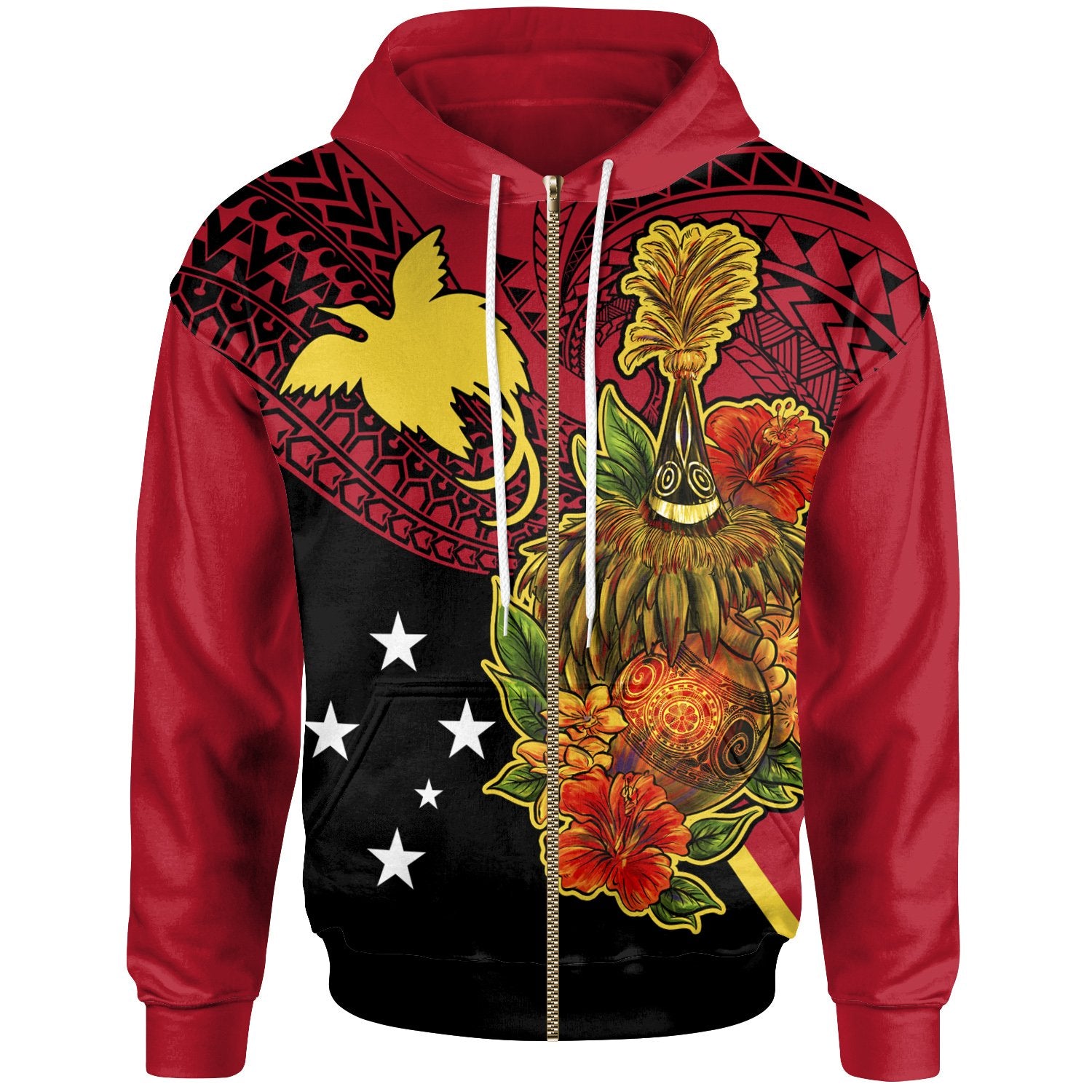 Papua New Guinea Zip up Hoodie Tumbuan, Duk duk and Lime Gourd Unisex RED - Polynesian Pride