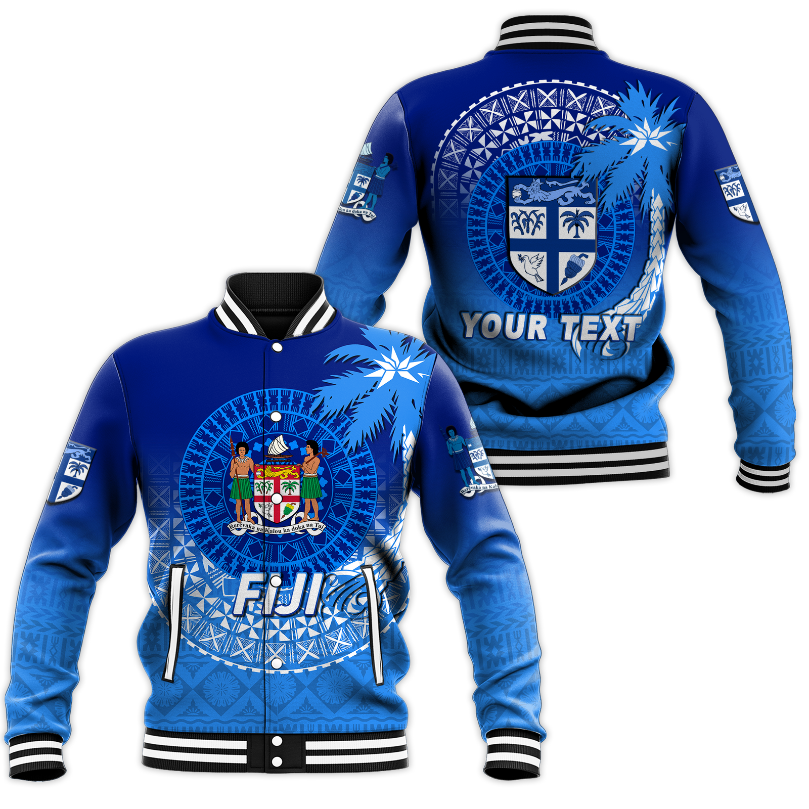 (Custom Personalised) Fiji Tapa Tribal Coconut Tree Baseball Jacket - LT12 Unisex Blue - Polynesian Pride