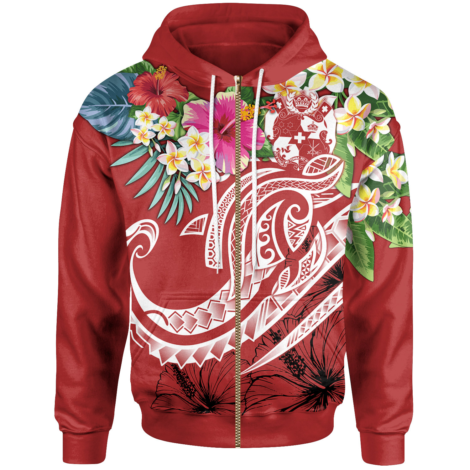 Tonga Polynesian Zip up Hoodie Summer Plumeria (Red) Unisex Red - Polynesian Pride