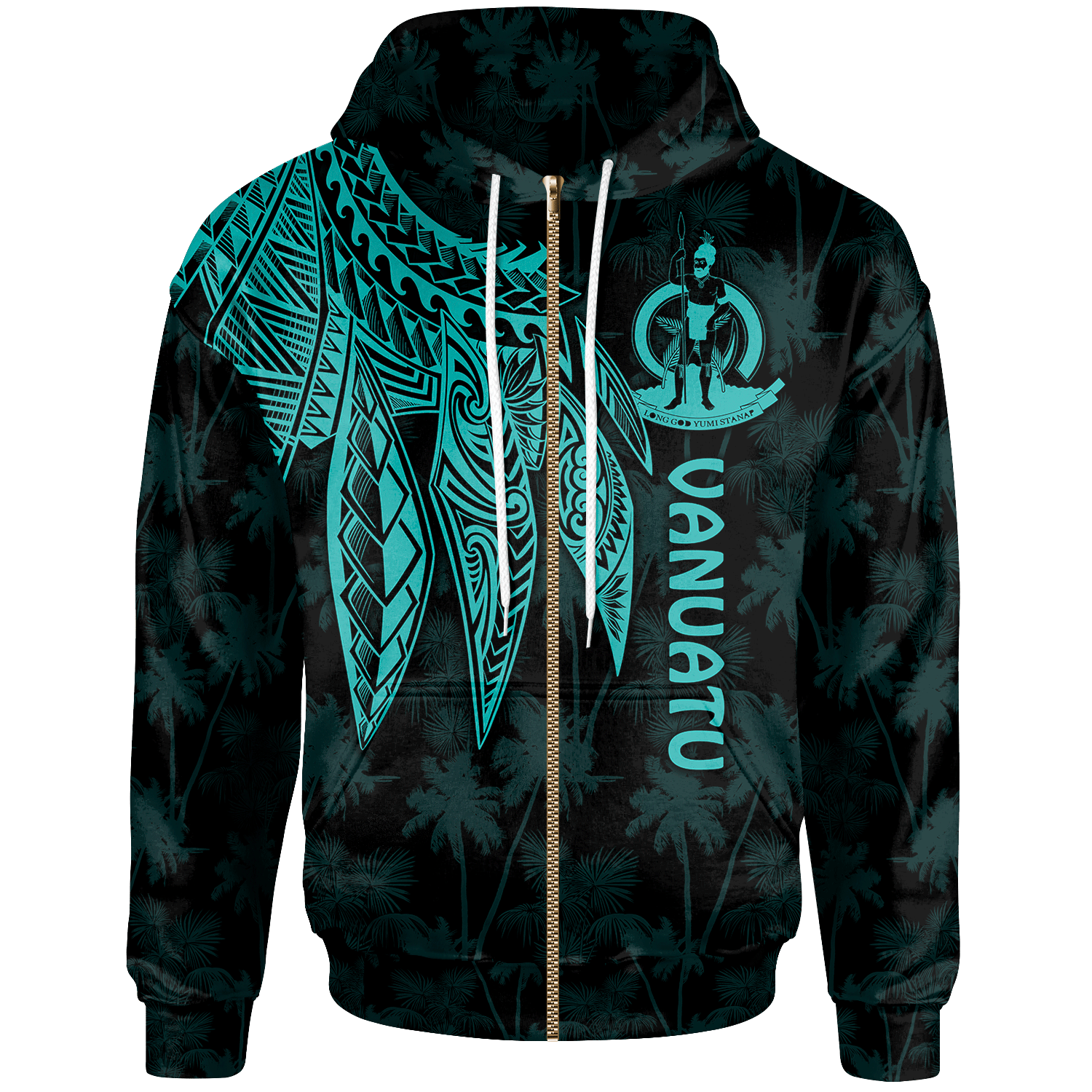 Vanuatu Zip up Hoodie Polynesian Wings (Turquoise) Unisex Turquoise - Polynesian Pride