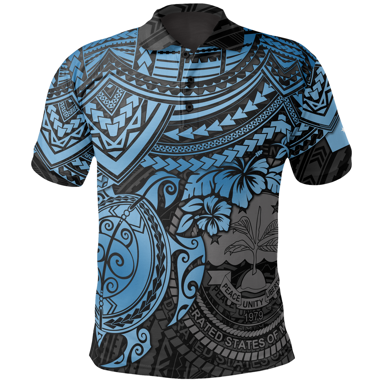 Federated States of Micronesia Polo Shirt Federated States of Micronesia Flag Seal Blue Turtle Hiciscus Unisex BLUE - Polynesian Pride