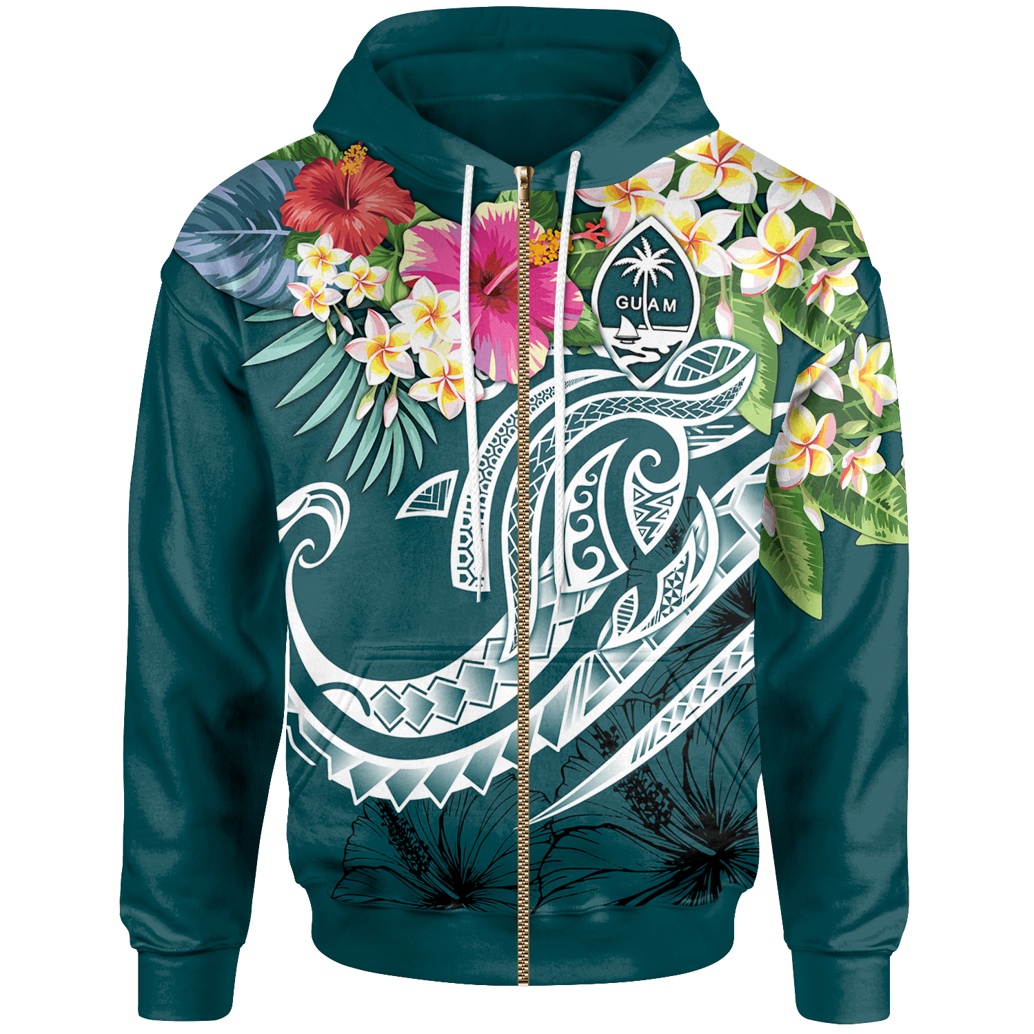 Guam Polynesian Zip up Hoodie Summer Plumeria (Turquoise) Unisex Turquoise - Polynesian Pride