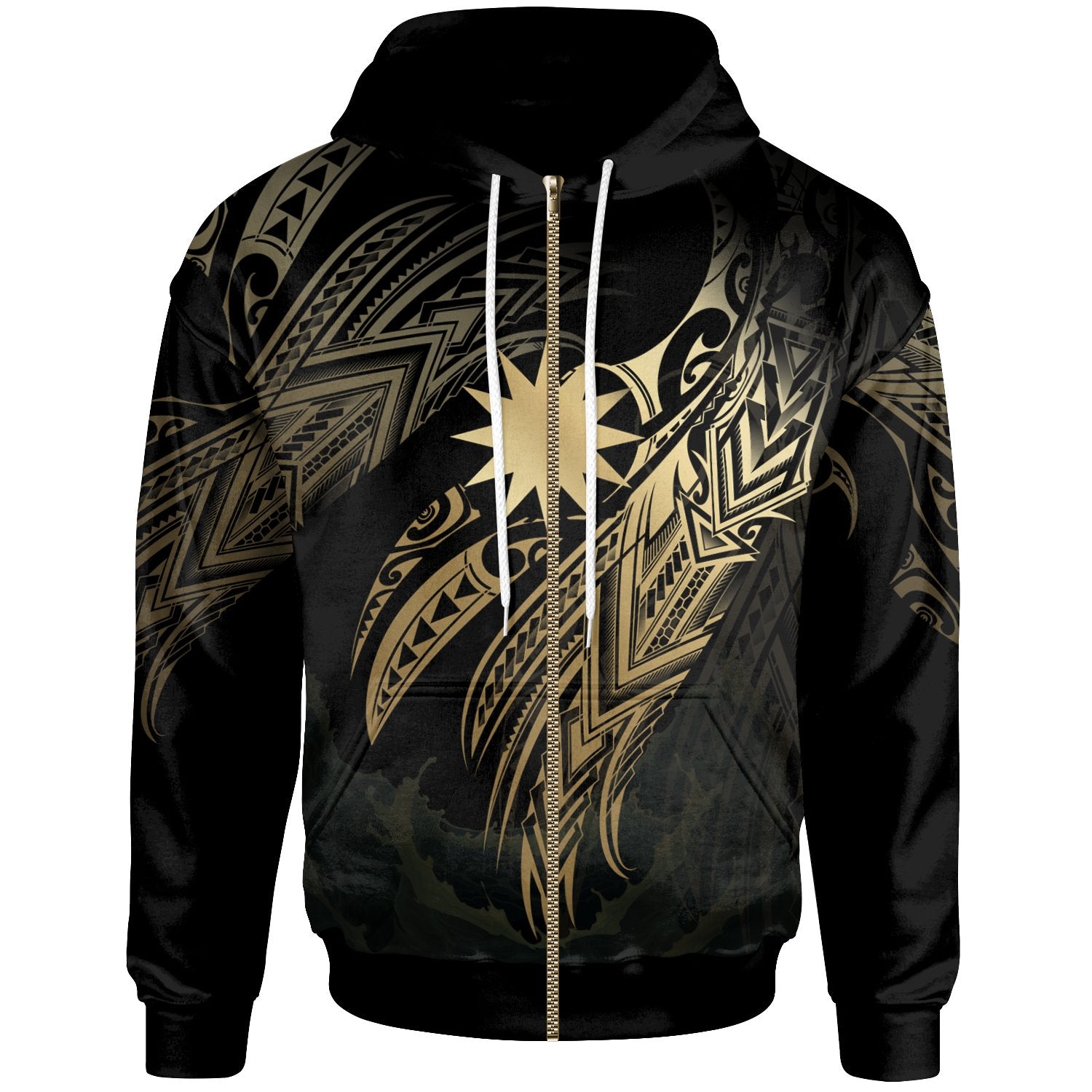 Nauru Polynesian Zip Hoodie Legend Gold Version Unisex Black - Polynesian Pride