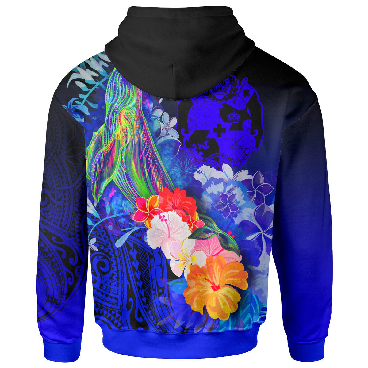 Tonga Custom Zip up Hoodie Humpback Whale with Tropical Flowers (Blue) - Polynesian Pride