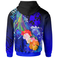 Tonga Custom Zip up Hoodie Humpback Whale with Tropical Flowers (Blue) - Polynesian Pride