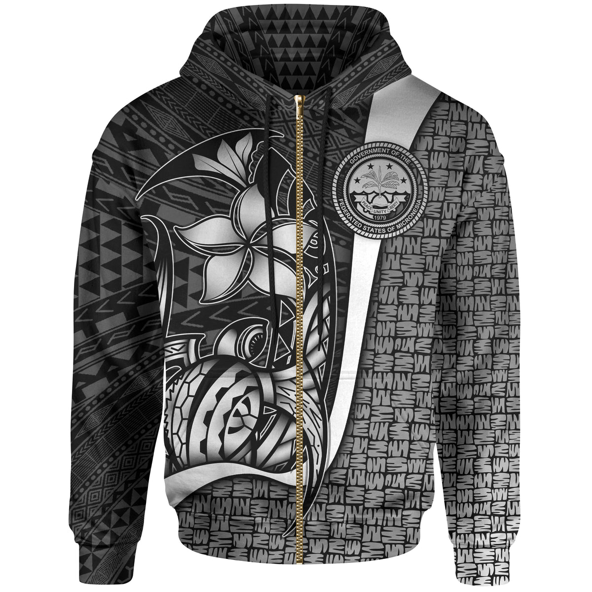 Federated States of Micronesia Zip up Hoodie White Turtle with Hook Unisex WHITE - Polynesian Pride