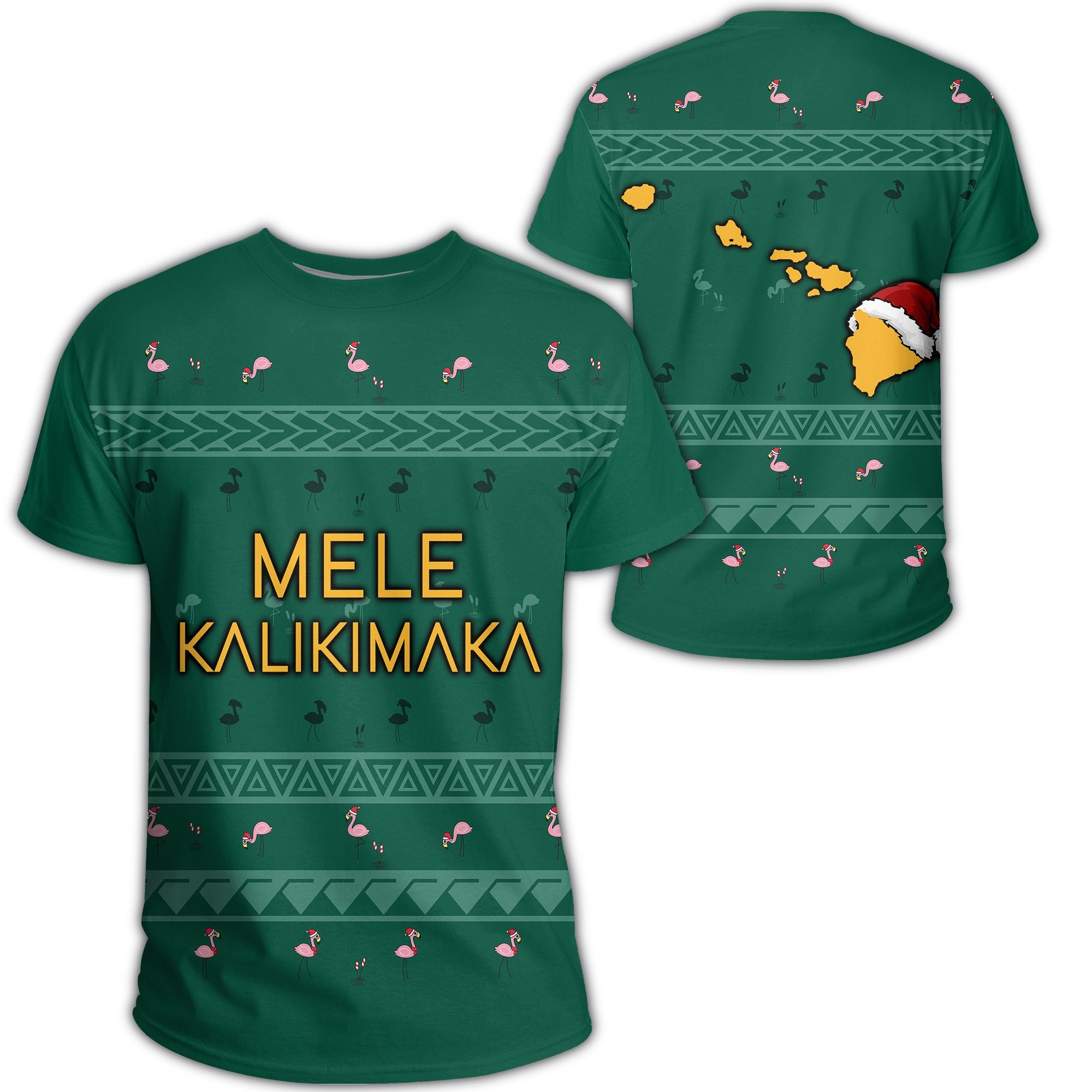 Hawaiian Map Polynesian Mele Kalikimaka Flamingo Christmas T Shirt Unisex Green - Polynesian Pride