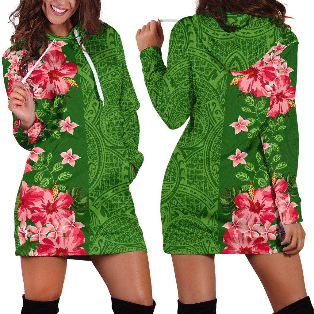 Hawaii Tropical Flowers Polynesian - Hawaiian Women's Hoodie Dress - Curtis Style Green - Polynesian Pride