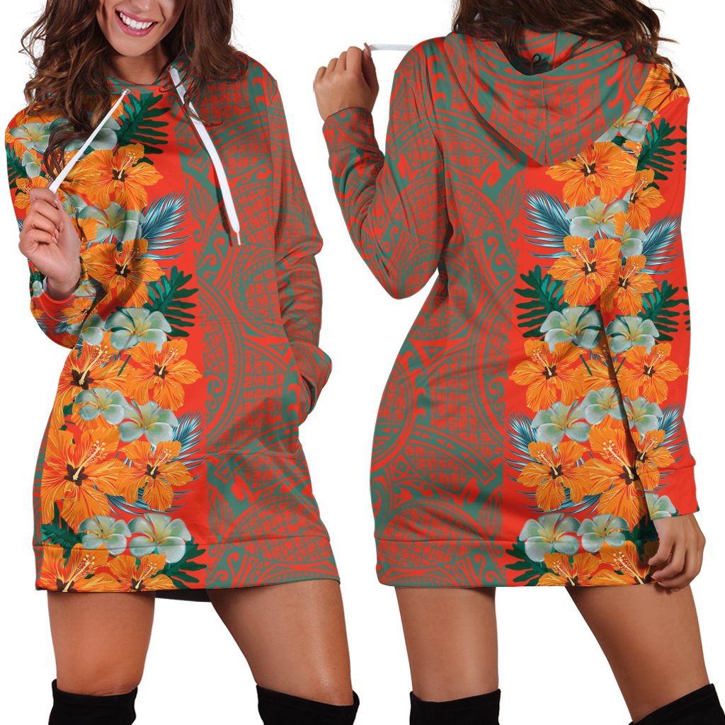 Hawaii Hibiscus Polynesian - Hawaiian Women's Hoodie Dress - Haka Style Orange - Polynesian Pride