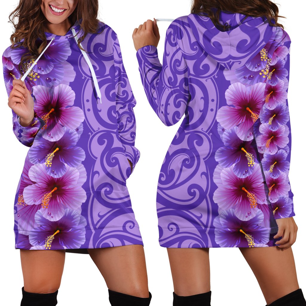 Hawaii Hibiscus Flowers Polynesian - Hawaiian Women's Hoodie Dress - Curtis Style Purple - Polynesian Pride