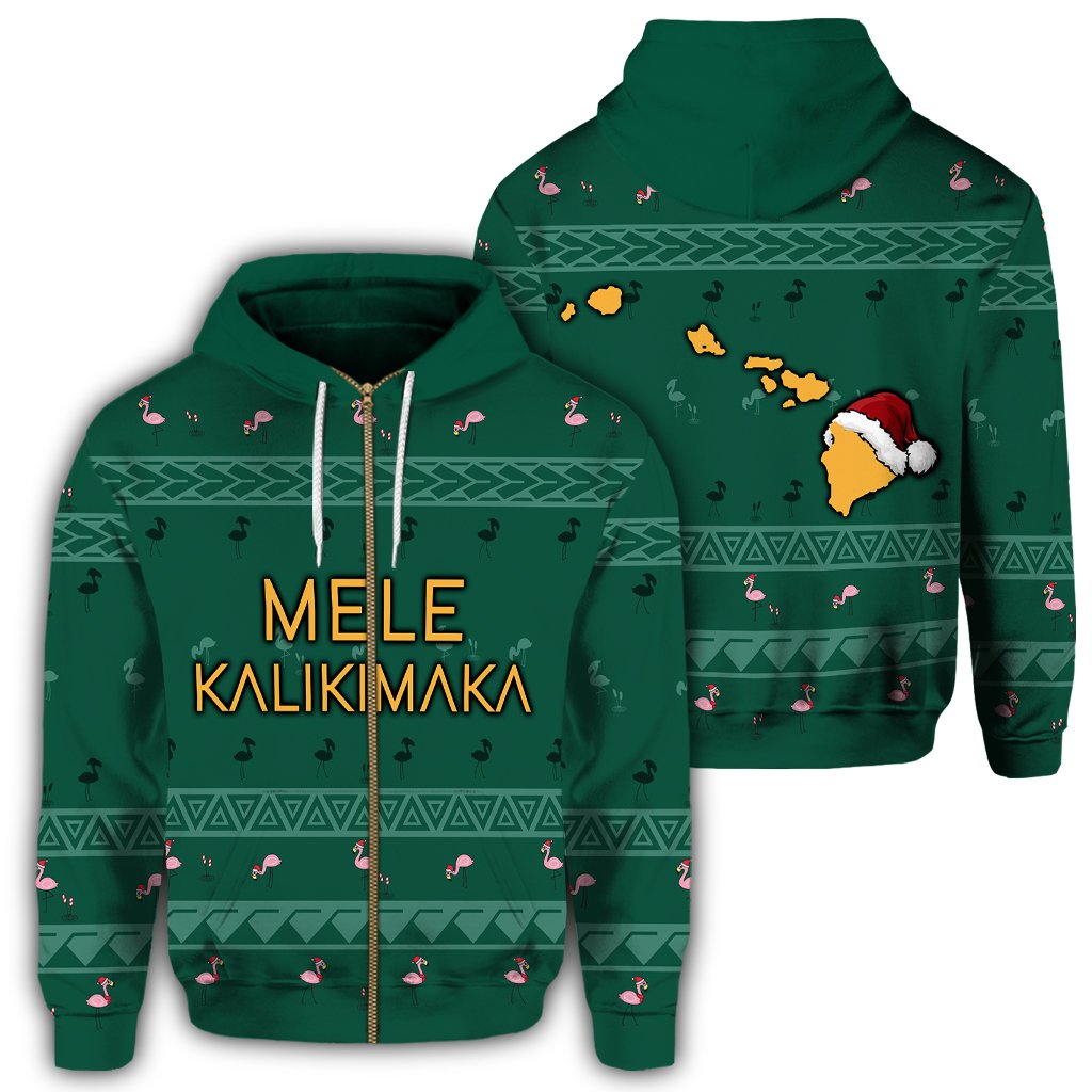 Hawaiian Map Polynesian Mele Kalikimaka Flamingo Christmas Hoodie Zip Unisex Green - Polynesian Pride