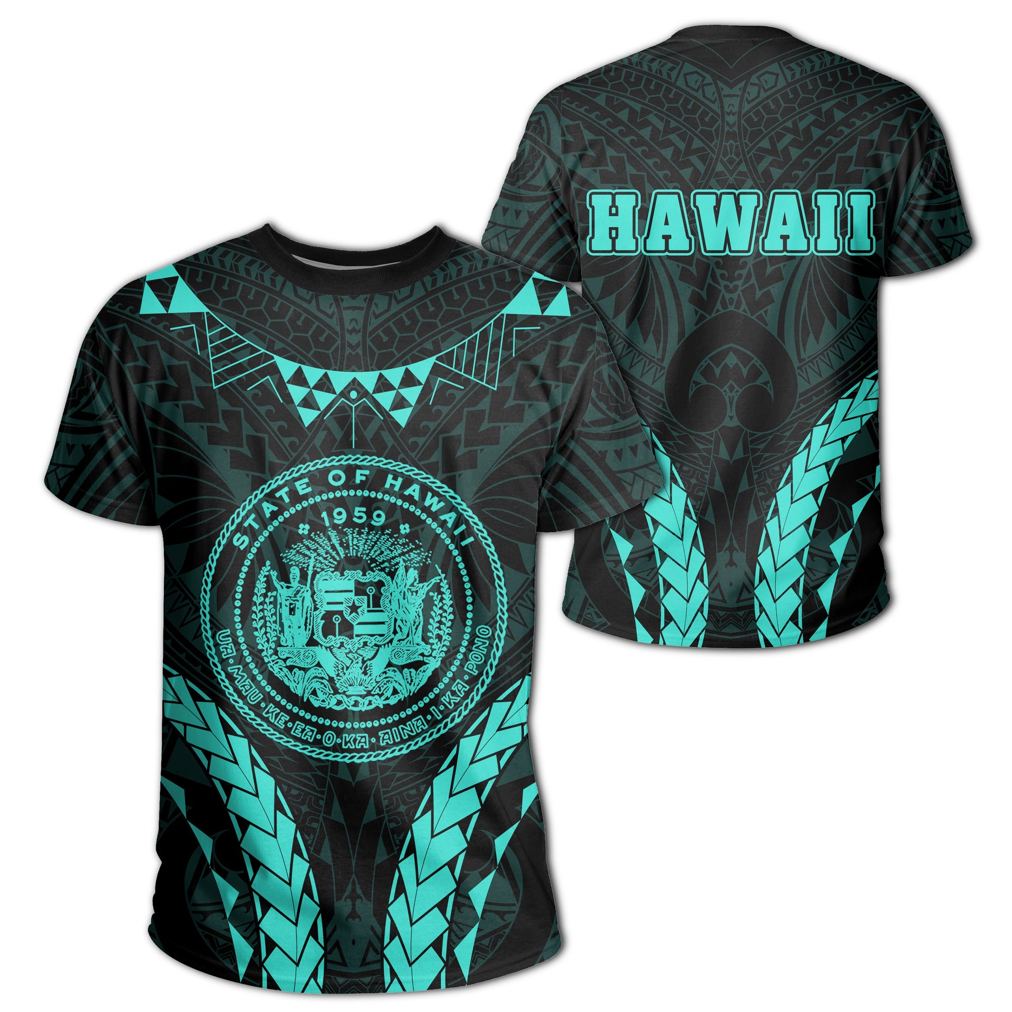 Hawaii Coat of Arms T Shirt Sport Style Version 2.0 Turquoise Unisex Blue - Polynesian Pride