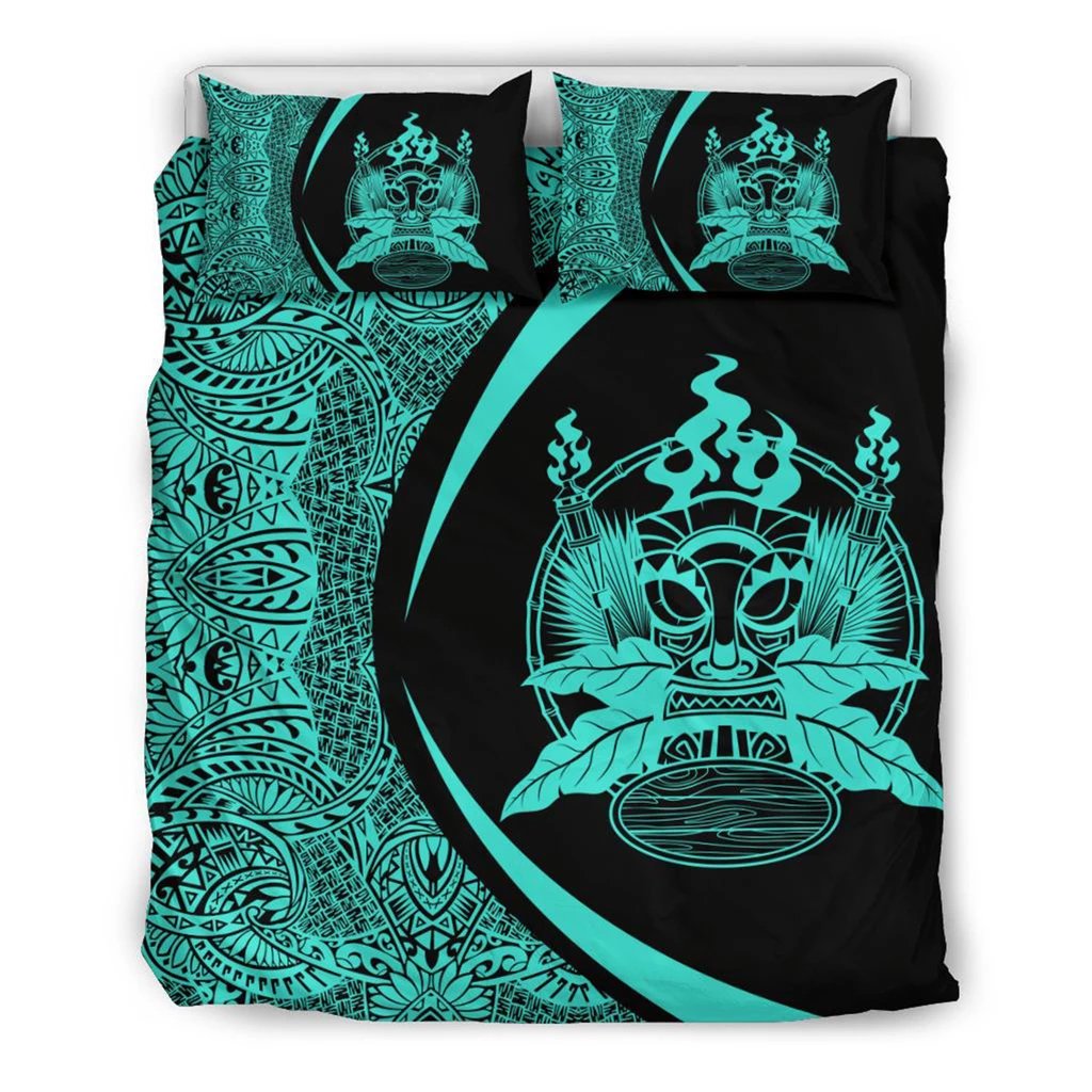 Hawaiian Tiki Polynesian Bedding Set Circle Style Turquoise Black - Polynesian Pride