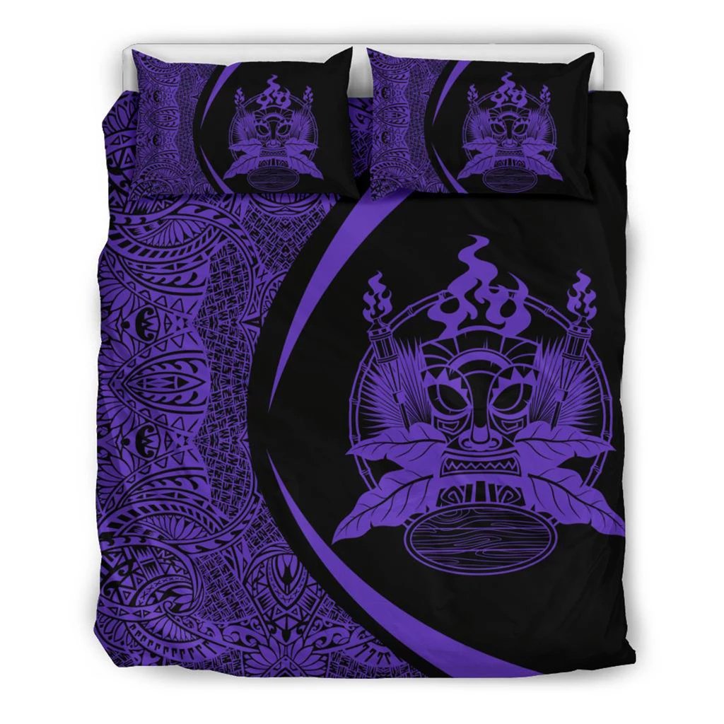 Hawaiian Tiki Polynesian Bedding Set Circle Style Purple Black - Polynesian Pride