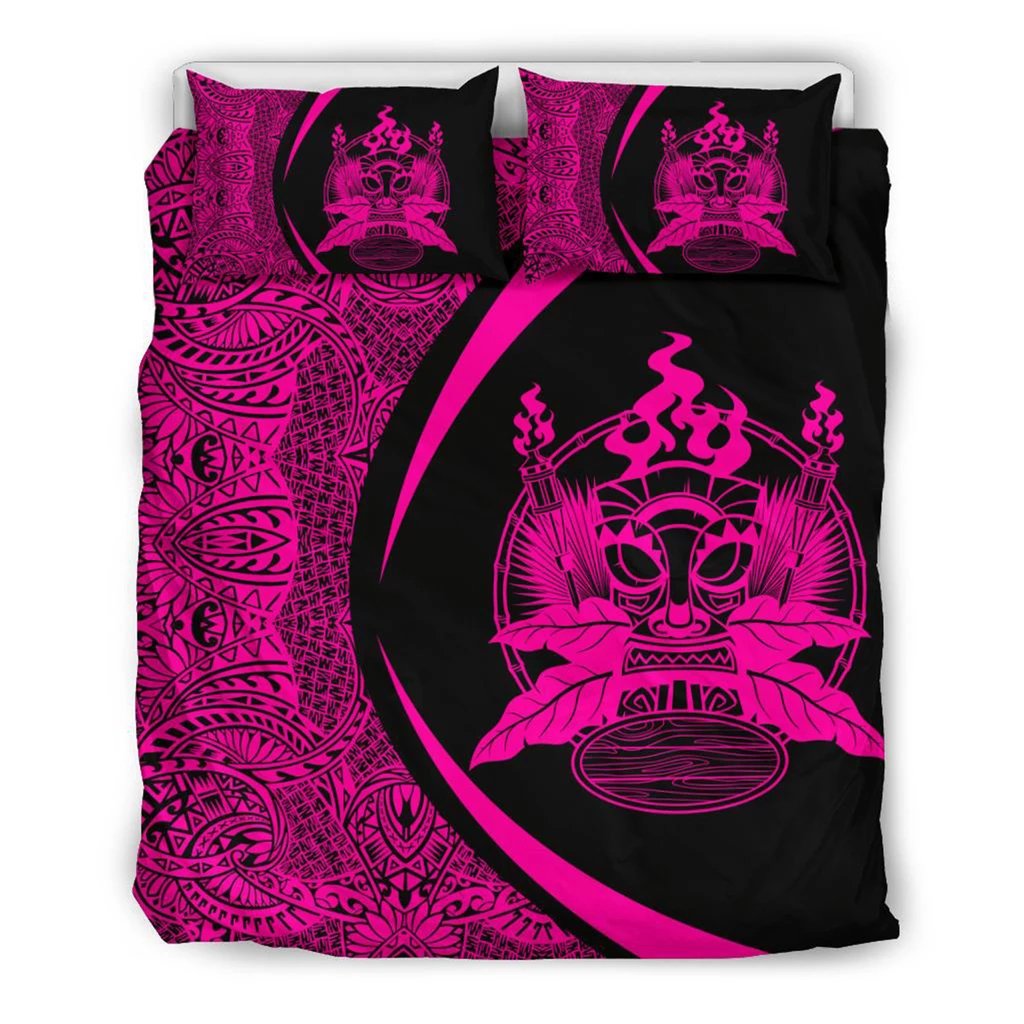 Hawaiian Tiki Polynesian Bedding Set Circle Style Pink Black - Polynesian Pride