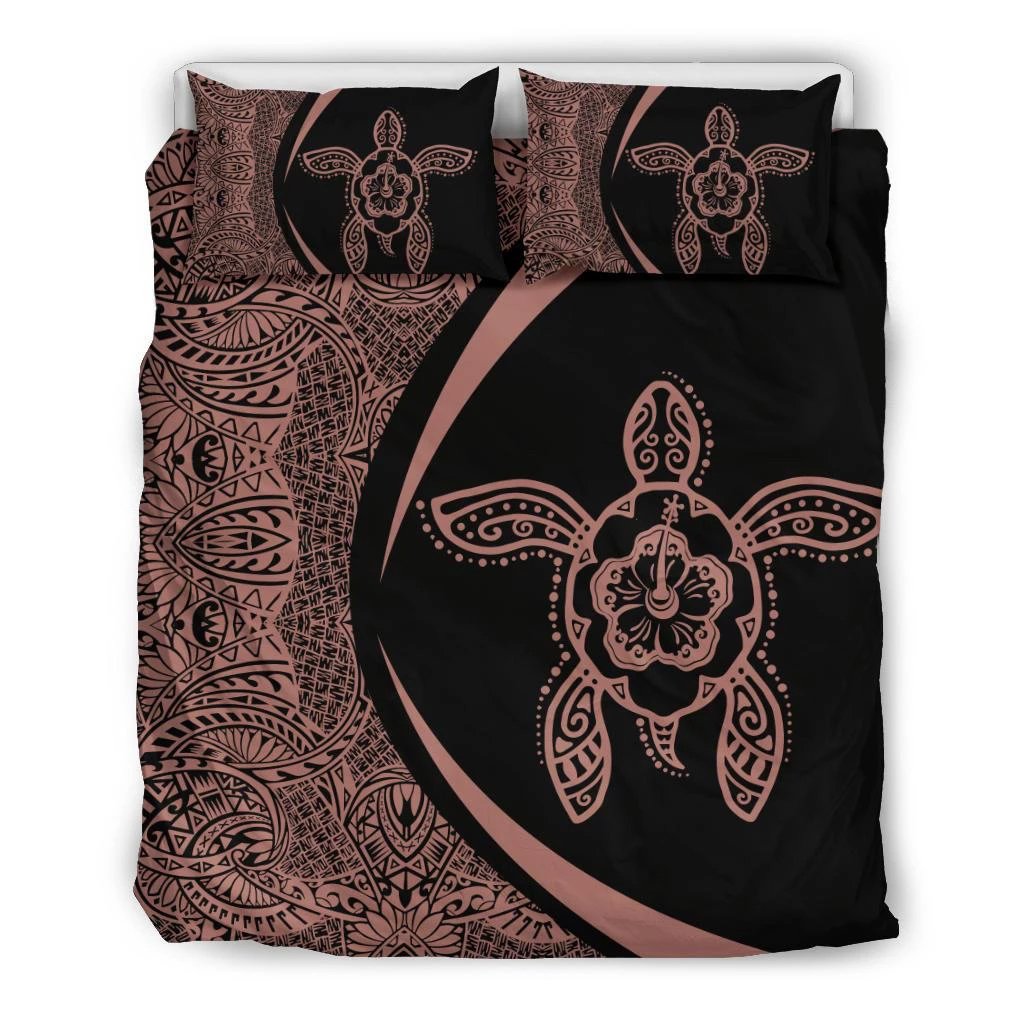 Hawaiian Polynesian Hibiscus Turtle Bedding Set - Circle Style Pink And Black Black - Polynesian Pride