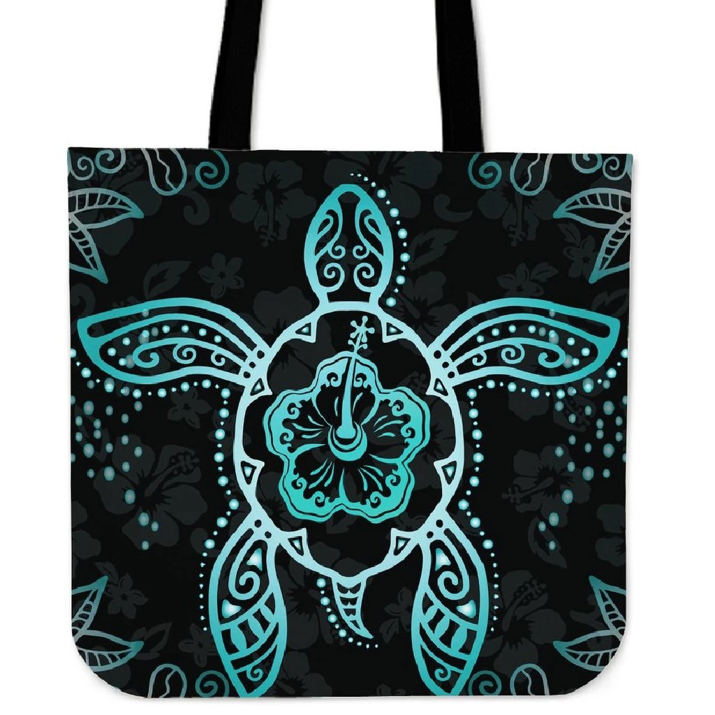 Turtle Hibiscus Blue Tote Bag Tote Bag One Size Black - Polynesian Pride