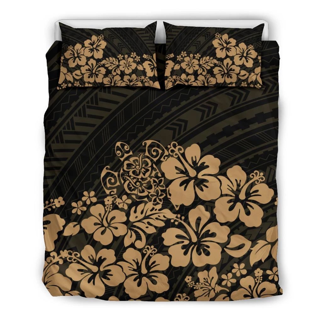 Hawaiian Turtle Hibiscus Polynesian Bedding Set Black - Polynesian Pride