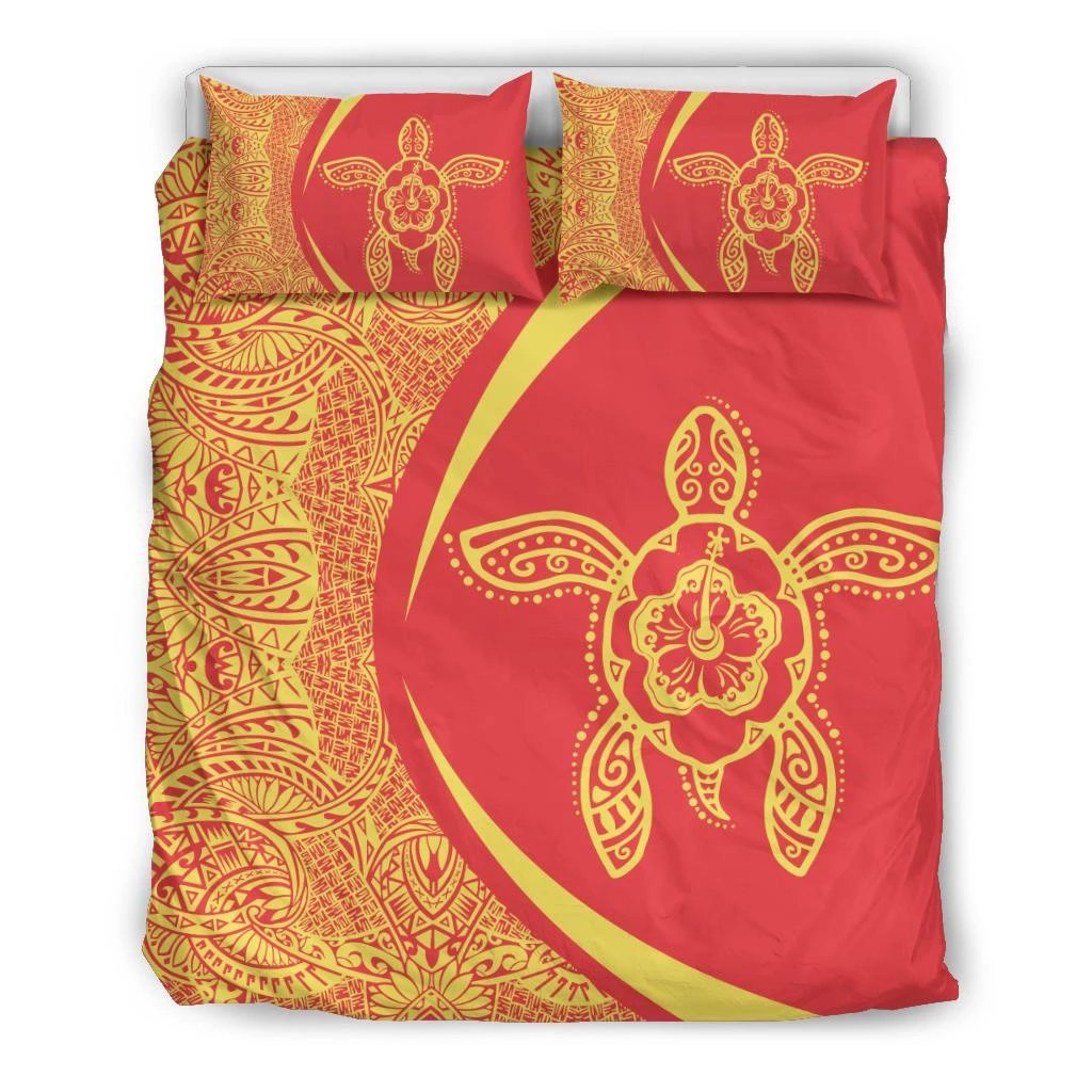 Hawaiian Turtle Hibiscus Polynesian Bedding Set - Circle Style Yellow And Red Black - Polynesian Pride