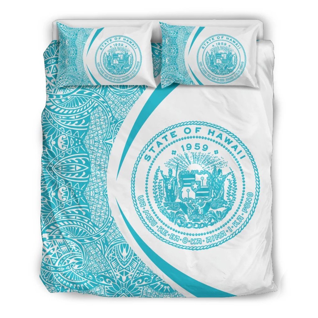 Hawaiian Map Coat Of Arms Polynesian Bedding Set - Circle Style Blue And White Black - Polynesian Pride