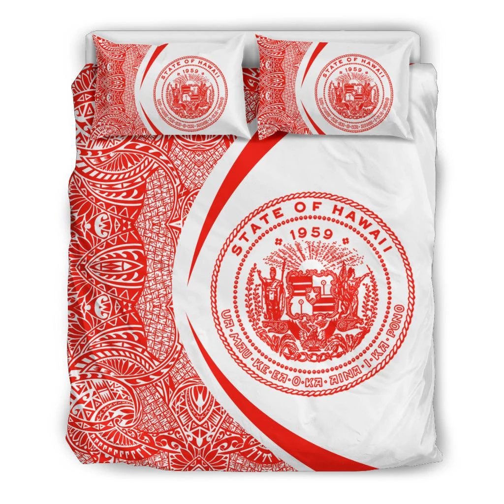 Hawaiian Map Coat Of Arms Polynesian Bedding Set - Circle Style Red And White Black - Polynesian Pride