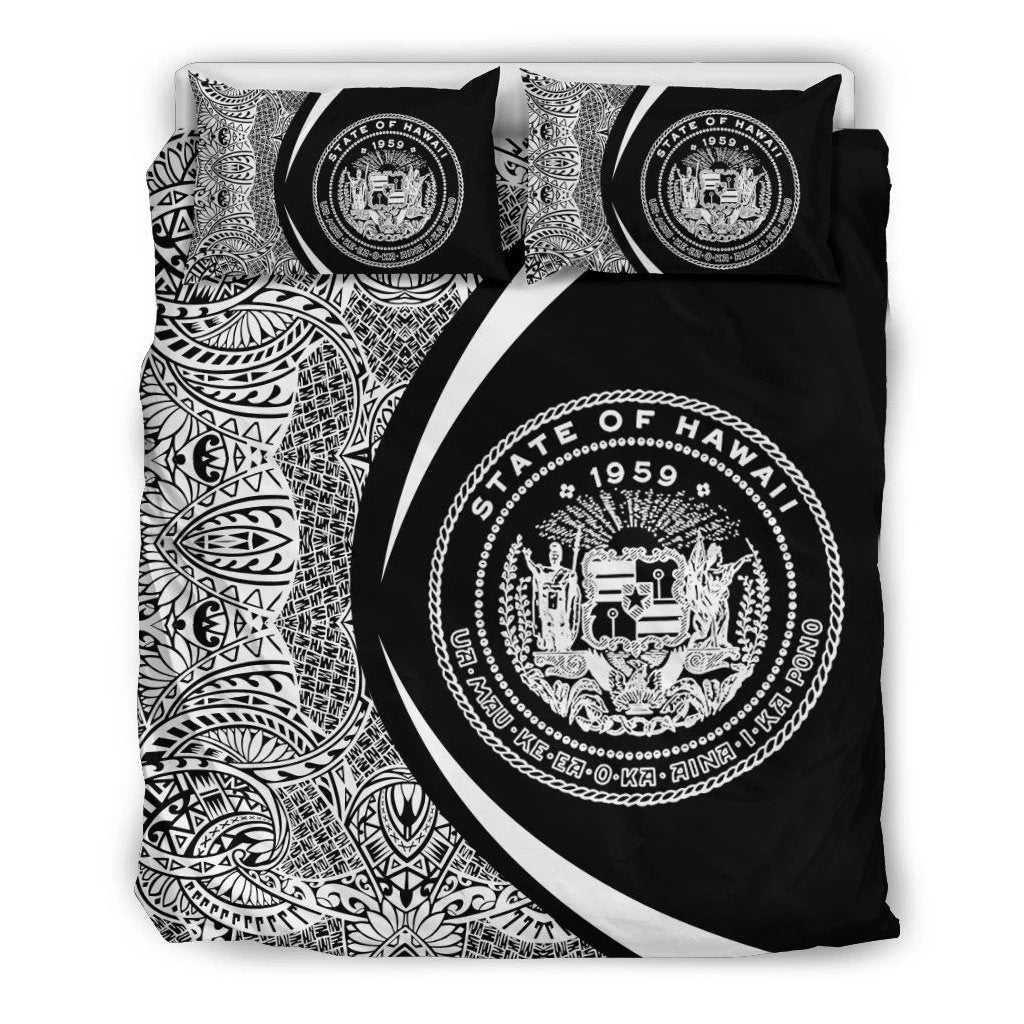 Hawaiian Map Coat Of Arms Polynesian Bedding Set - Circle Style White Black - Polynesian Pride