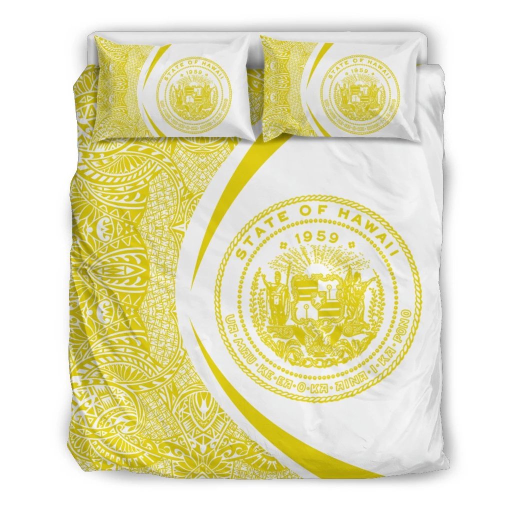 Hawaiian Map Coat Of Arms Polynesian Bedding Set - Circle Style Yellow And White Black - Polynesian Pride