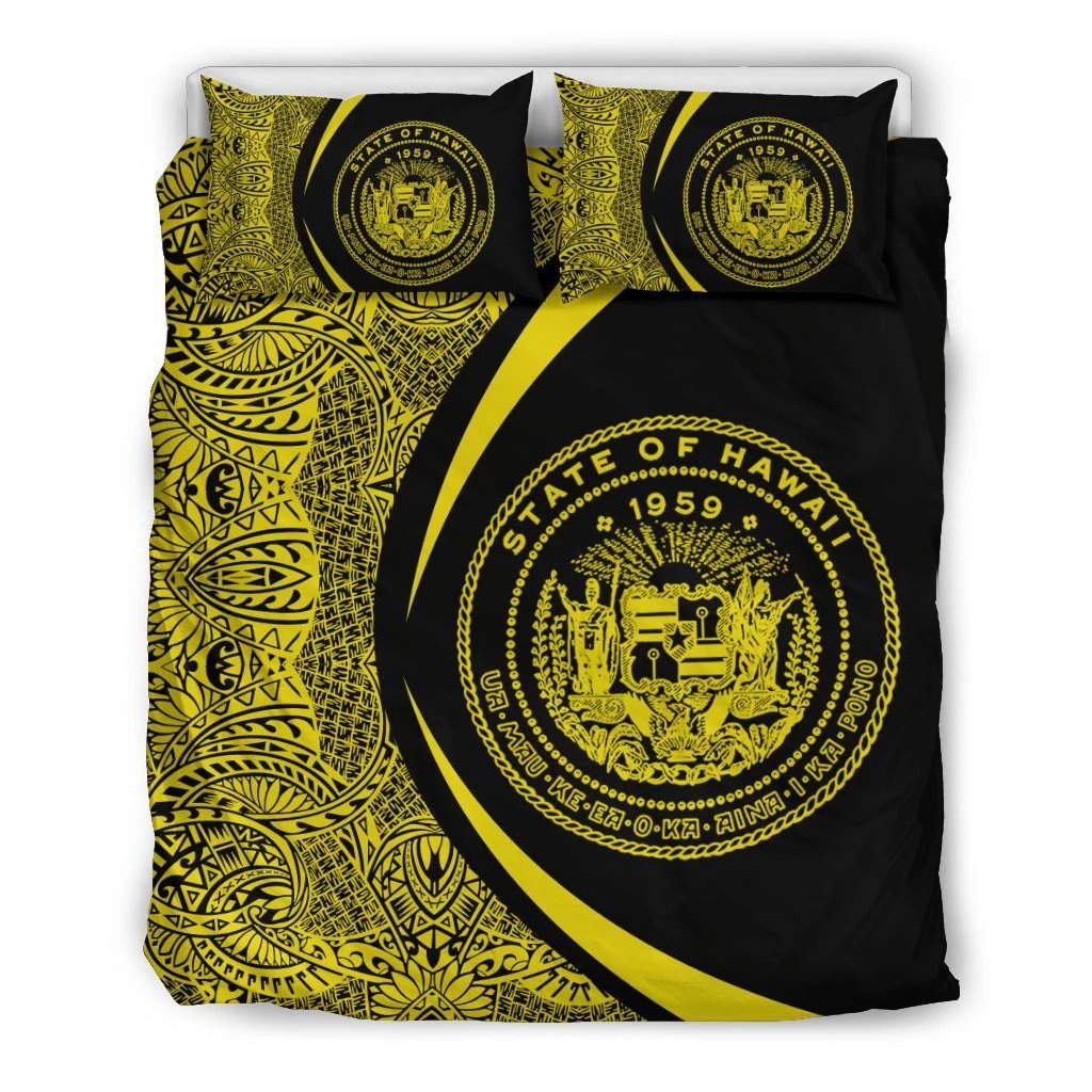 Hawaiian Map Coat Of Arms Polynesian Bedding Set - Circle Style Yellow Black - Polynesian Pride