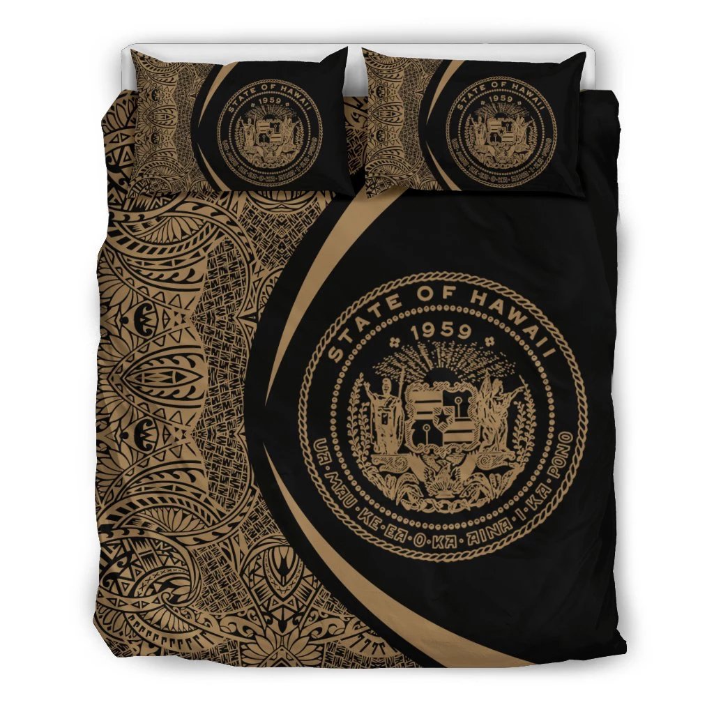 Hawaiian Map Coat Of Arms Polynesian Bedding Set-Circle Style Gold And Black Black - Polynesian Pride