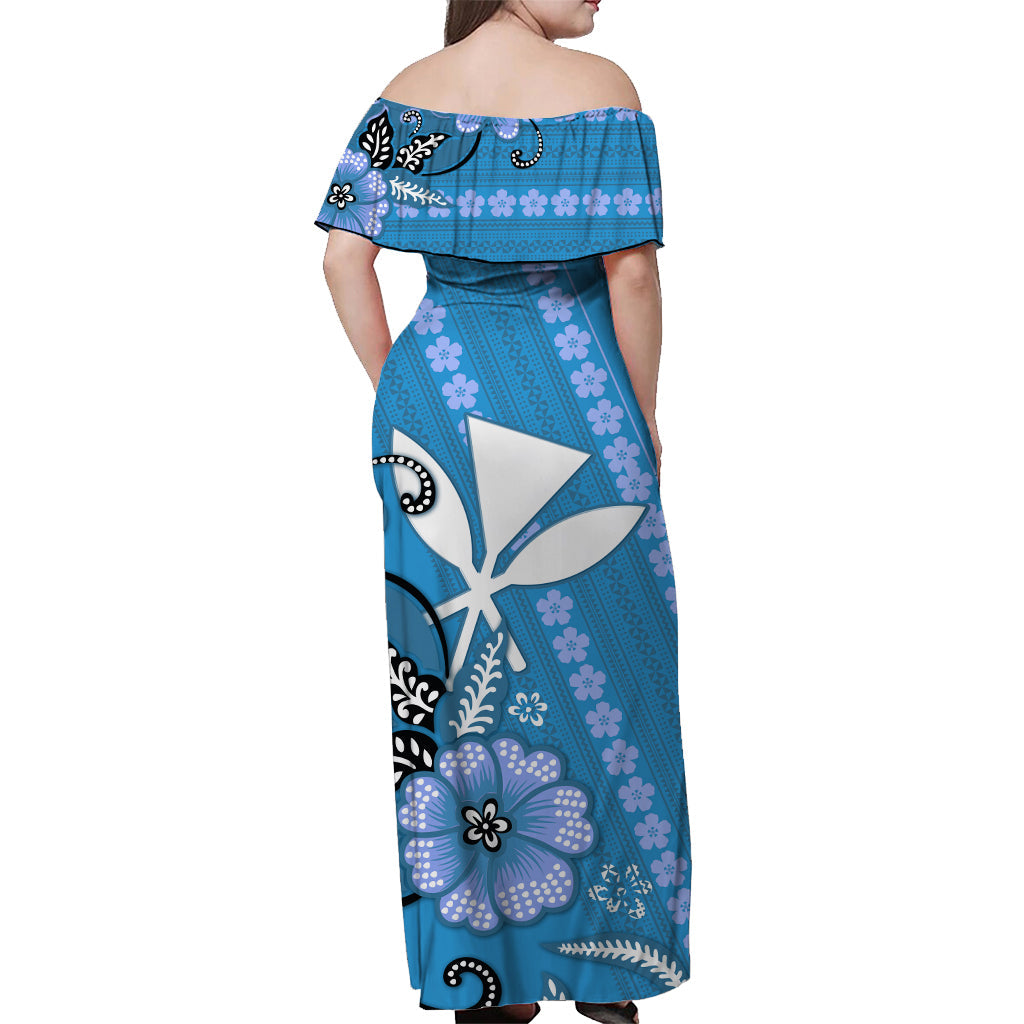 Hawaii Off Shoulder Long Dress Kakau Tribal Blue Batik Floral Ver.01 LT13 - Polynesian Pride