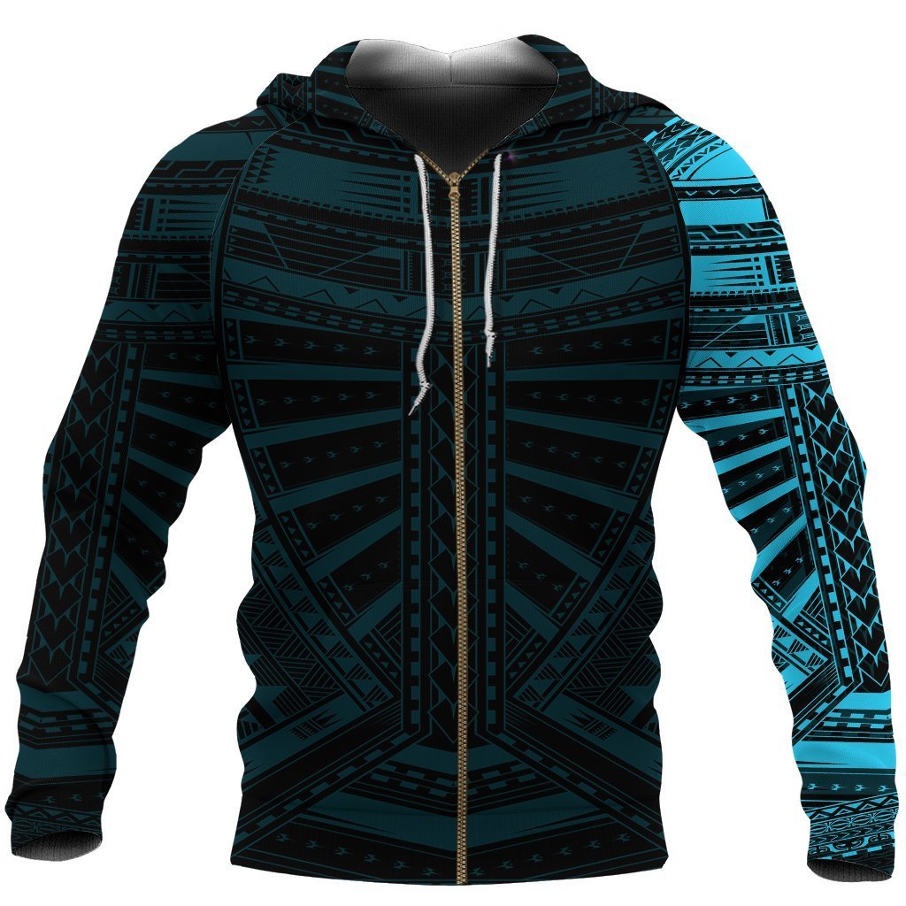 New Zealand Zip up Hoodie, Maori Samoan Polynesian Tattoo Zipper Hoodie Blue Unisex Black - Polynesian Pride