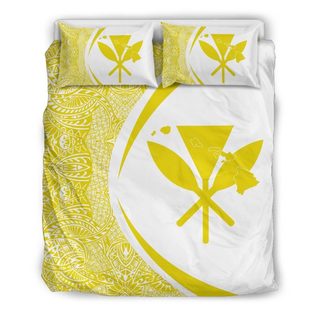 Hawaiian Map Kanaka Maoli Polynesian Bedding Set - Circle Style Yellow And White Black - Polynesian Pride