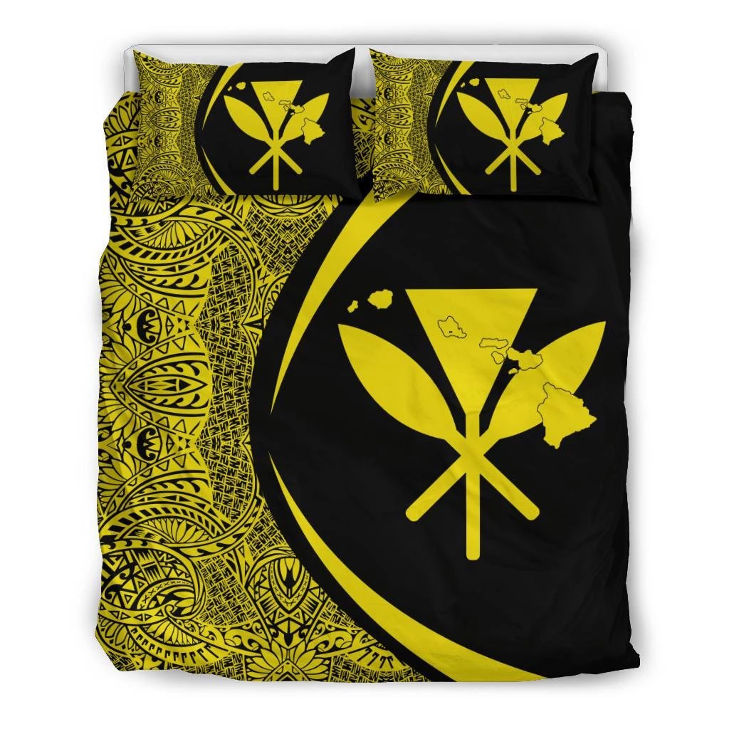 Hawaiian Map Kanaka Maoli Polynesian Bedding Set - Circle Style Yellow Black - Polynesian Pride