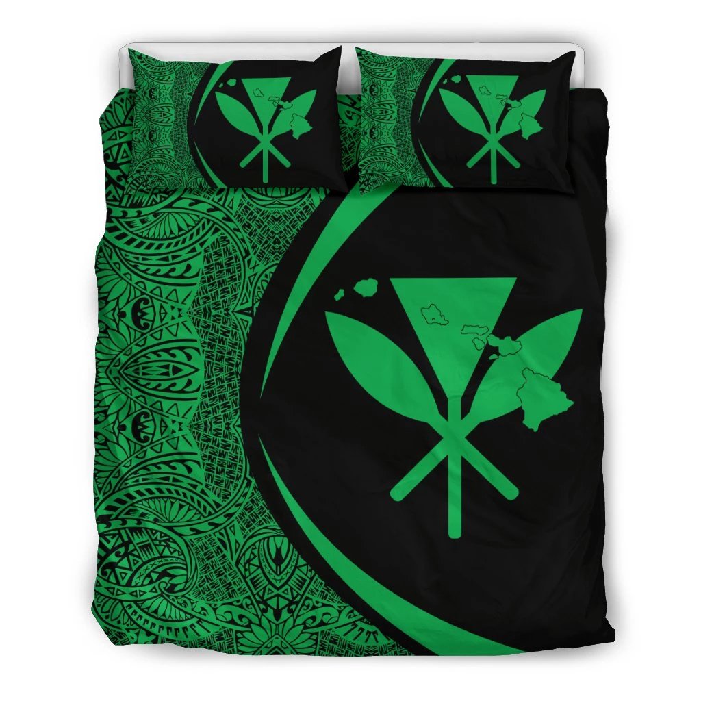 Hawaiian Map Kanaka Maoli Polynesian Bedding Set - Circle Style Green Black - Polynesian Pride