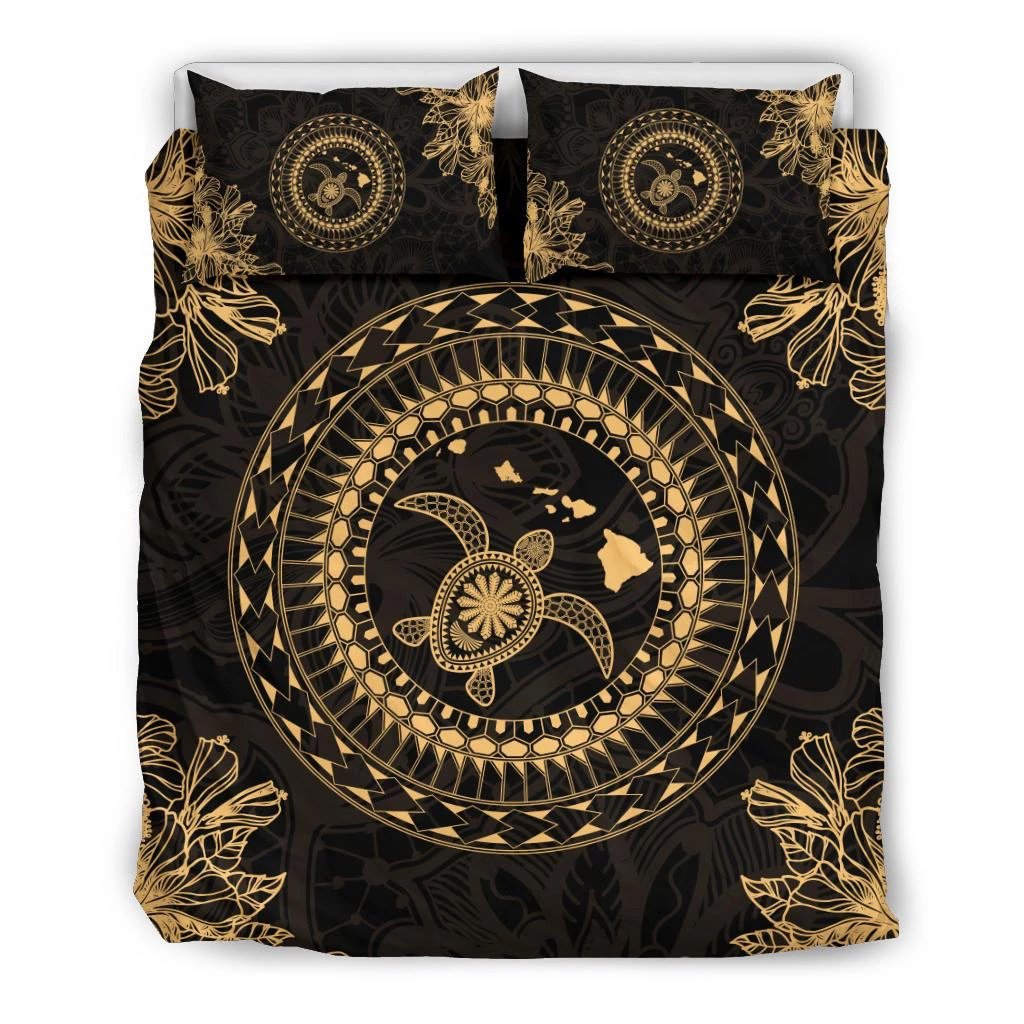 Hawaiian Map Hibiscus Turtle Tradition Bedding Set Black - Polynesian Pride