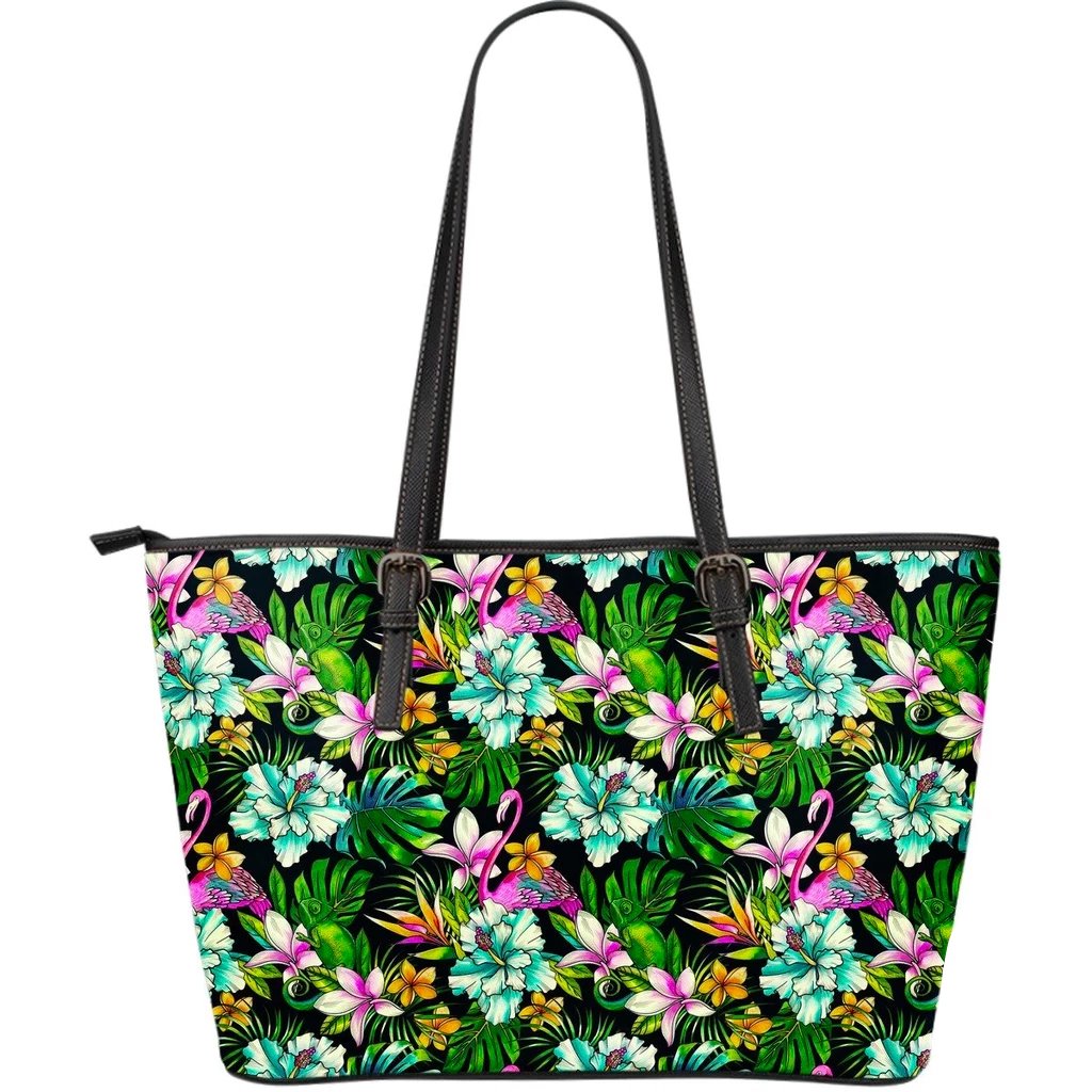 Hawaii Animals And Tropical Flowers Large Leather Tote Green - Polynesian Pride