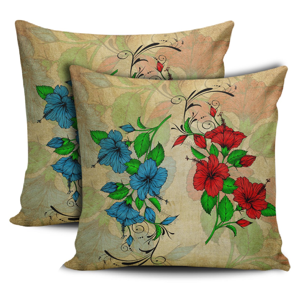 Hibiscus Blue And Red Pillow Covers One Size Zippered Pillow Cases 18"x 18" (Twin Sides) (Set of 2) Black - Polynesian Pride