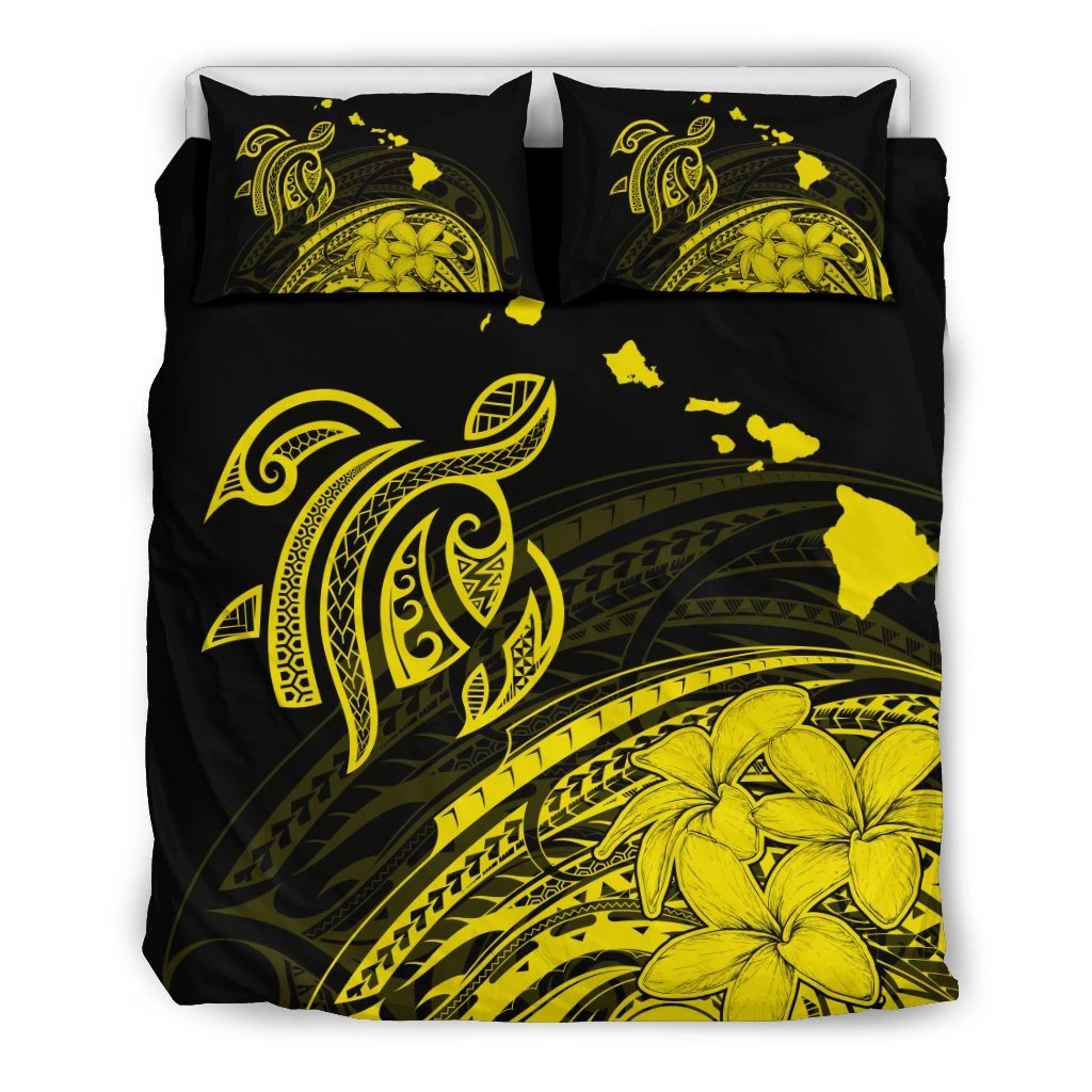 Hawaiian Map Turtle Hibiscus Plumeria Polynesian Bedding Set Yellow Black - Polynesian Pride